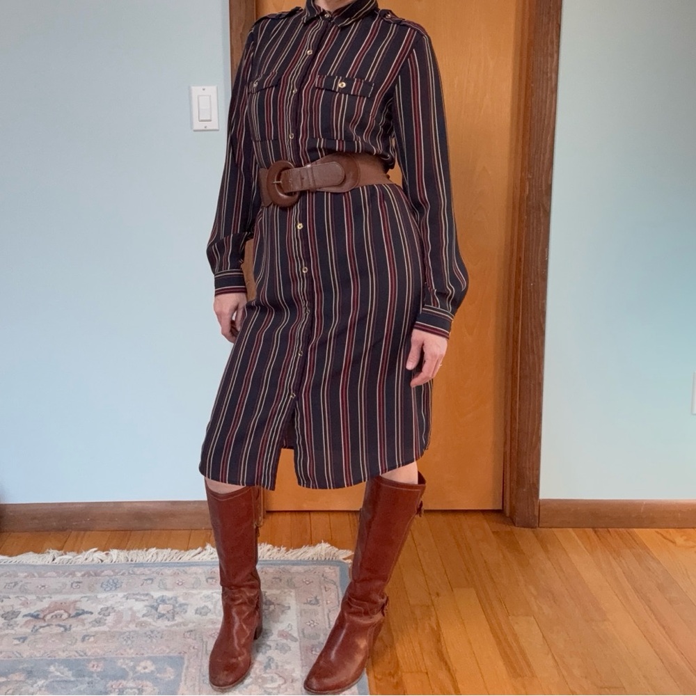Belted Stripe Retro Shirt Dress Navy Multi Knee Length US 4 (S/XS)